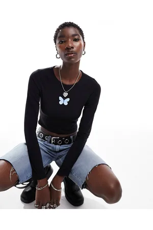 Monki Long sleeve cropped top in with butterfly front print