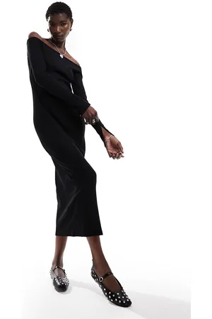 Monki Long sleeve boat neck midi dress in