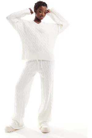 NA-KD Cable knit straight leg trouser co-ord in off