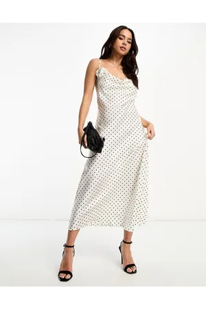 New Look Polka dot satin midi slip dress with corsage in