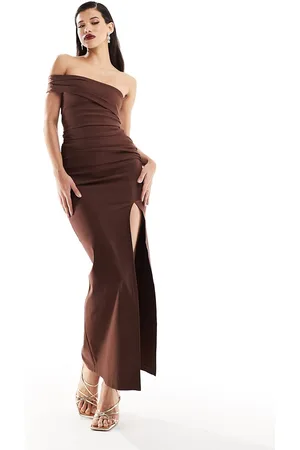 Vesper One shoulder thigh spilt maxi dress in chocolate