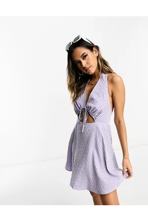 Lola May Open back halter neck mini dress in lilac gingham
