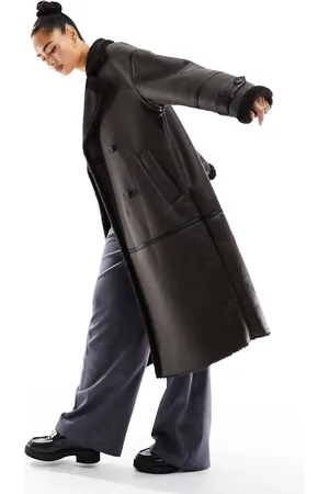 Pull&Bear Faux leather contrast shearling detail longline coat in washed