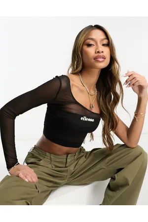 Ellesse Crono cropped one shoulder long sleeve top in mesh