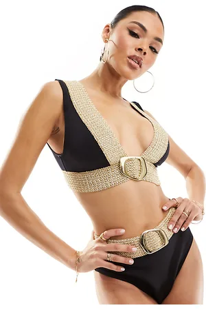 River Island High waist elastic buckle detail bikini bottom in