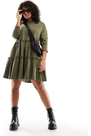 River Island Long sleeve tiered smock mini dress in khaki
