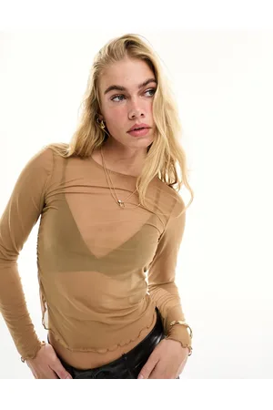 Pieces Ruched side mesh top in brown