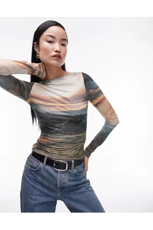 Topshop Slash neck landscape long sleeve top in