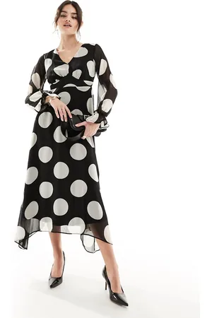New Look Long sleeve chiffon midi dress in polka dot