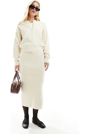 MANGO Knitted midi slit skirt in ecru
