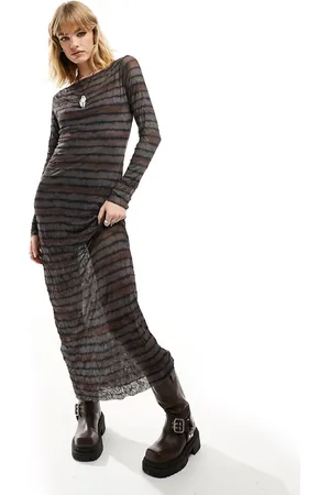 COLLUSION Slash neck long sleeve crinkle mesh printed maxi dress in