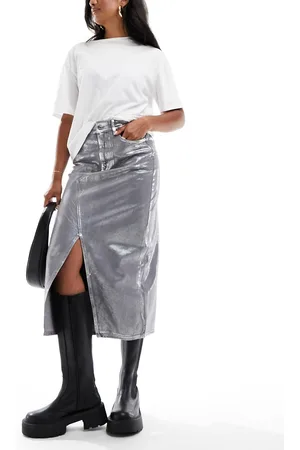 River Island Coated denim midi skirt in silver