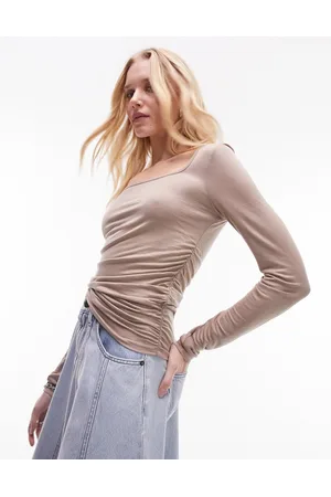 Topshop Soft touch square neck long sleeve top in taupe