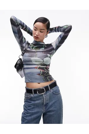 Topshop Grungy floral high neck long sleeve top in slate