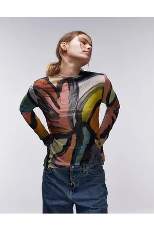 Topshop Abstract art crinkle high neck long sleeve top in