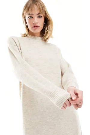 Monki Long sleeve oversized midi knitted dress in off