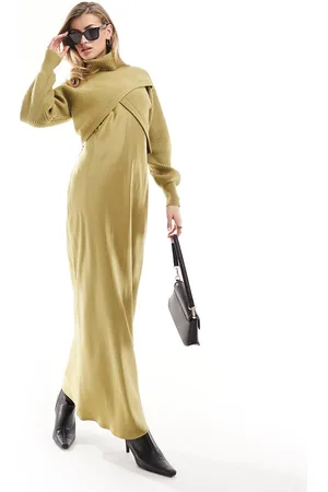 River Island Satin hybrid midi dress in khaki