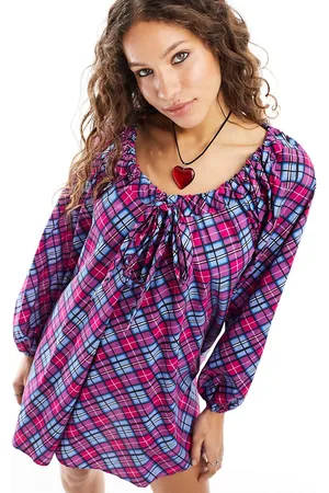 Glamorous Puff sleeve scoop neck bow detail smock dress in check