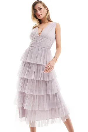 Beauut Bridesmaid v-neck tiered midi dress in lilac