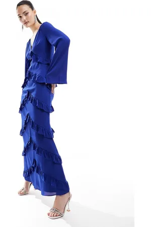 Pretty Lavish Long sleeve ruffle maxi dress in cobalt