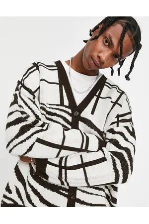 Topman Oversized knitted mix pattern cardigan in brown