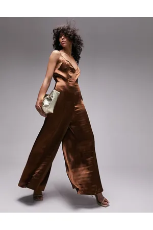 Topshop Strappy satin wide leg jumpsuit in chocolate
