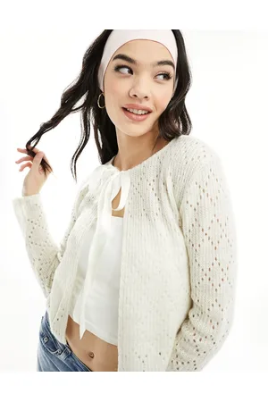 ASOS Pointelle knit slim fit cardigan with bow ribbon in ecru