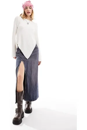 Monki Long sleeve boat neck texutured asymetric slip top in