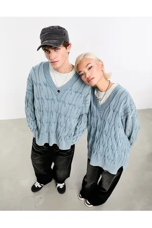 COLLUSION Unisex oversized washed distressed cable knit jumper in light