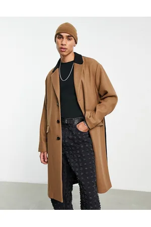 Topman Wool blend unlined overcoat with colour block in stone and black