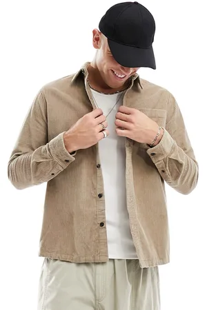 River Island Long sleeve corduroy pocket shirt in medium stone