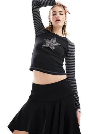 Minga London stripe sleeve fitted long sleeve top with star patch in and grey
