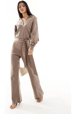 Pretty Lavish Tie waist knitted wide leg jumpsuit in taupe