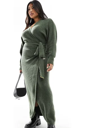 River Island Wrap belted midi knit dress in khaki