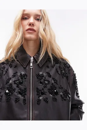 Topshop Real leather washed bomber jacket with embellishment in