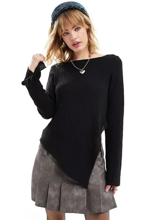 Monki Long sleeve boat neck texutured asymetric slip top in