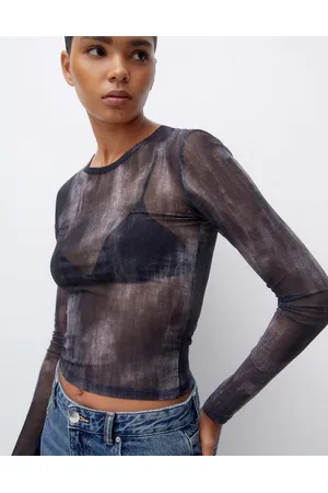 Pull&Bear Mesh long sleeved top in brushstroke print
