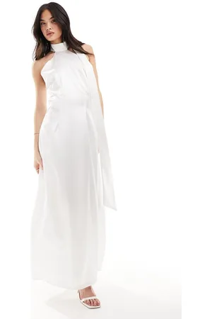 Y.A.S Bridal satin maxi dress with halterneck drape scarf detail in