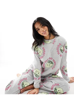 ASOS ASOS DESIGN Petite matcha long sleeve top & trouser pyjama set in marl