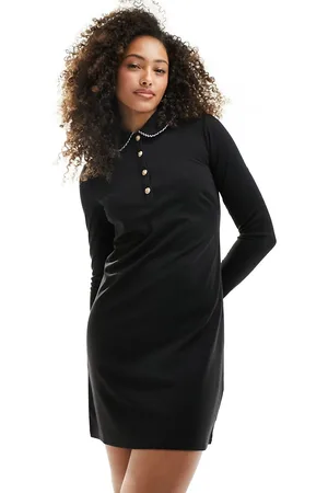 New Look Collared long sleeve mini dress with pearl detail in