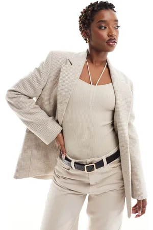 MANGO Mini check oversized blazer in light beige