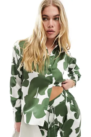 Style Cheat Oversized satin shirt in green print co-ord