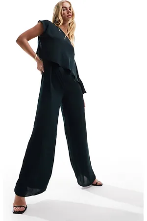 ASOS Fallen shoulder satin jumpsuit in petrol