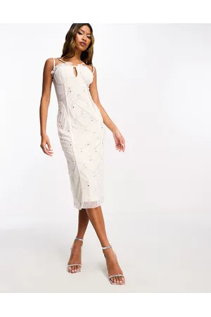 Starlet Exclusive ruched cup embellished midi dress in ivory