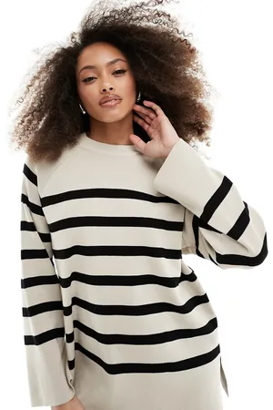 Object Knitted round neck jumper in cream mono stripe