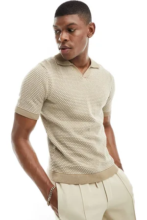 Only & Sons Short sleeve knitted polo in beige with polka dot