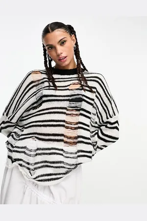 The Ragged Priest Oversized distressed knit jumper in black and white stripe