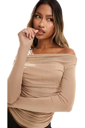 ASOS Gathered off the shoulder mesh top in camel