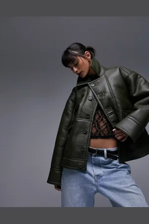 Topshop Faux leather shearling oversized car coat with borg lining in khaki