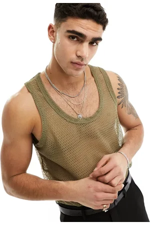 ASOS Relaxed scoop neck open mesh vest in khaki